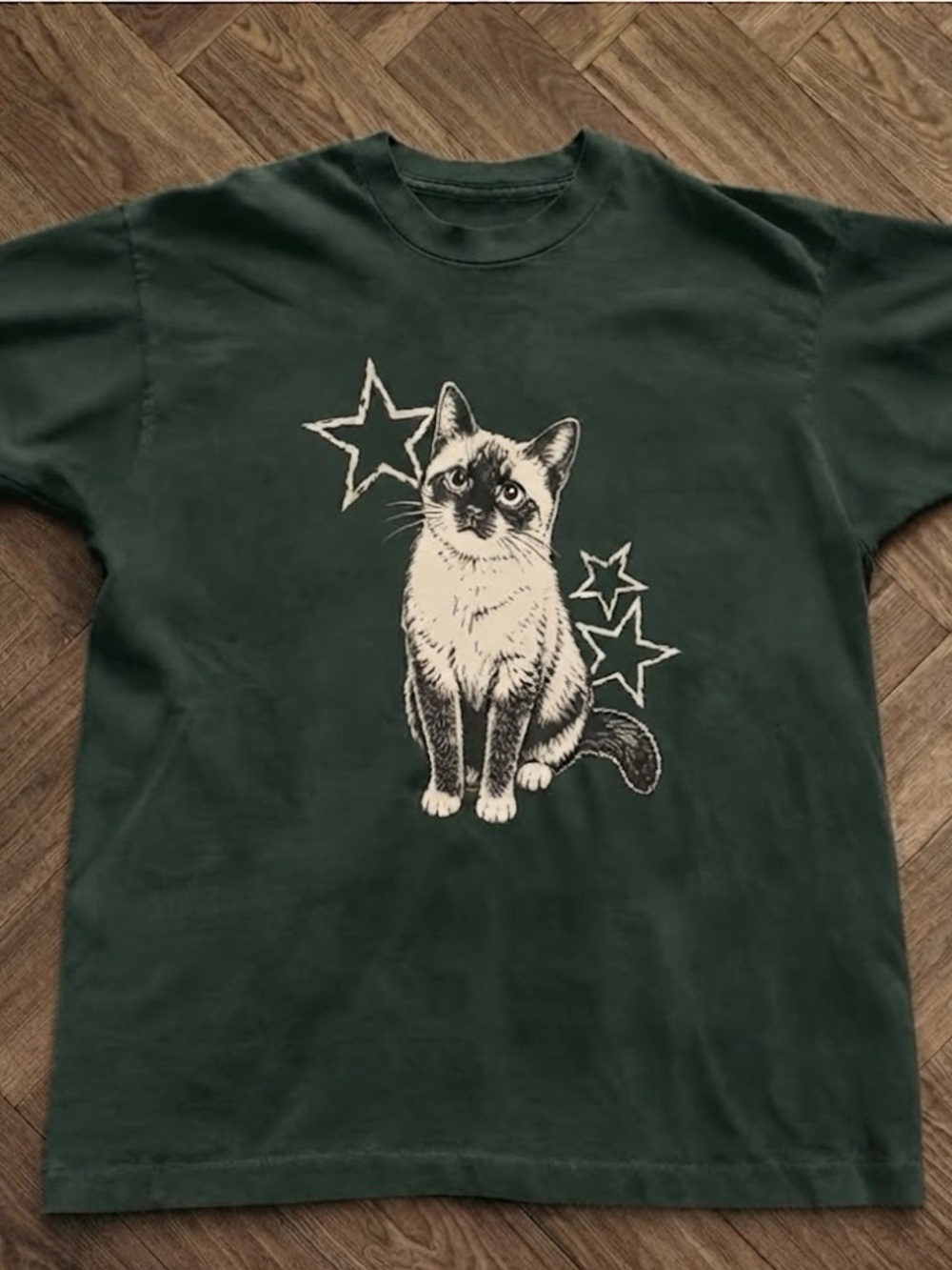 Cat Graphic Print Gildan T-shirt Dark Green Starry Cotton